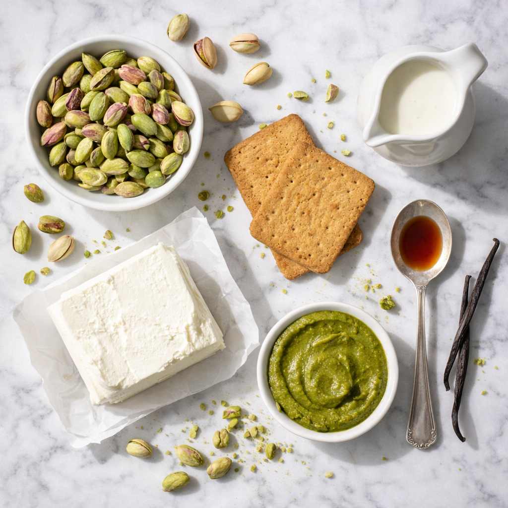 Fresh pistachios, cream cheese and real ingredients used in Vasudevay Kitchen Pista Cheesecake