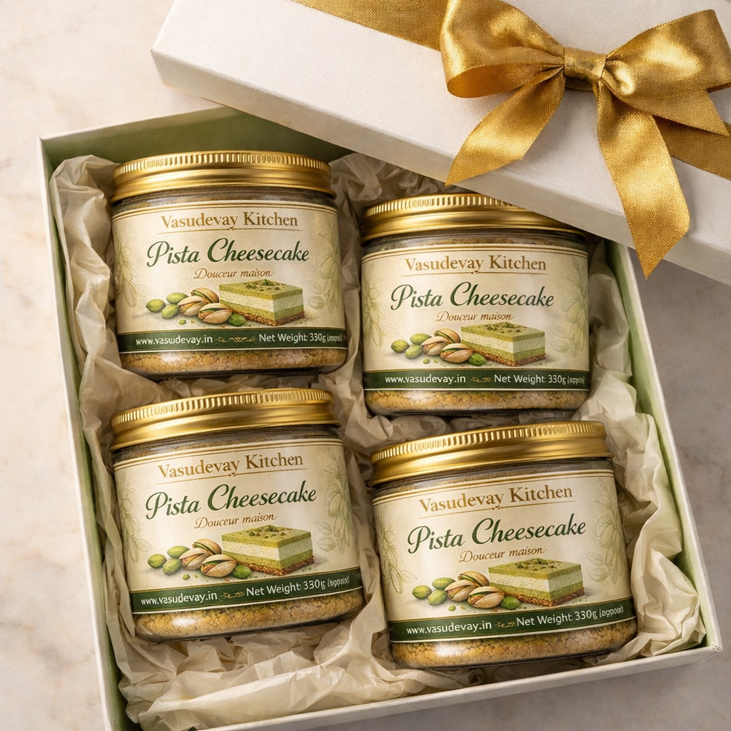 Vasudevay Kitchen Gift Box of 4 Pista Cheesecake jars with gold ribbon